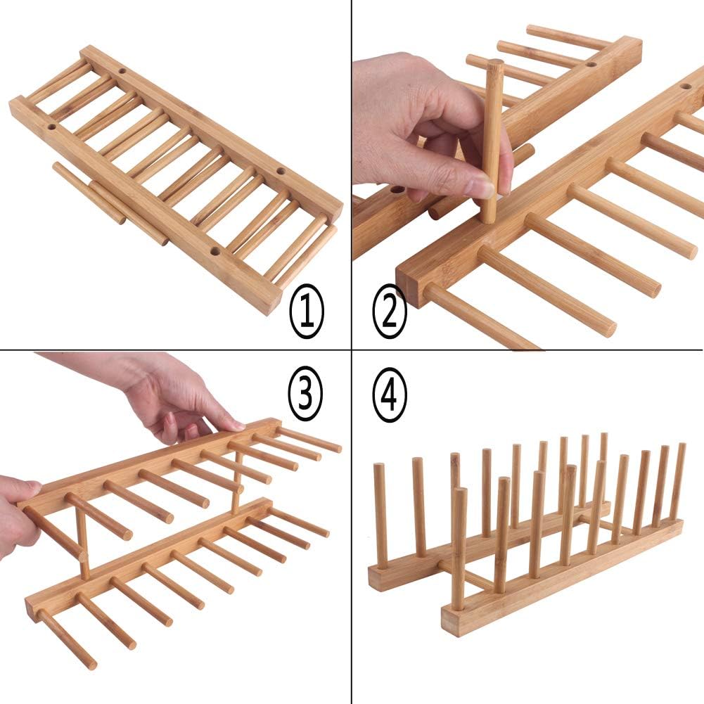 8-Slots Bamboo Wooden Dish Rack Storage Organization Plate Rack Stand Pot Lid Holder Kitchen Cabinet Organizer
