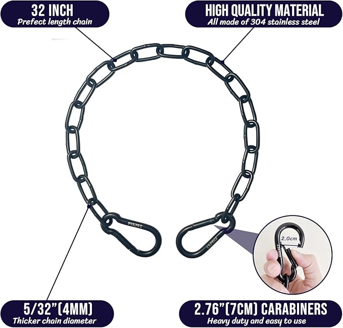 304 Stainless Steel Gate Chain 550lbs Capacity - 32" x 5/32" with M7 Carabiners, Chain Link Gate Latch for Outdoor Fence Livestock, Safety Hanging Metal Chain with 4 Carabiners, Black, 2 Pack