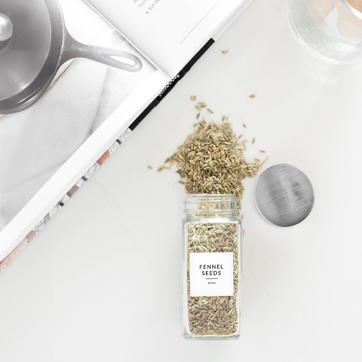 SAVVY & SORTED Glass Jars with 24PK 4oz Containers for Herbs and Seasonings – Includes Pepper Grinder, 374 Labels, Funnel, Shaker Lids & Empty Bottles