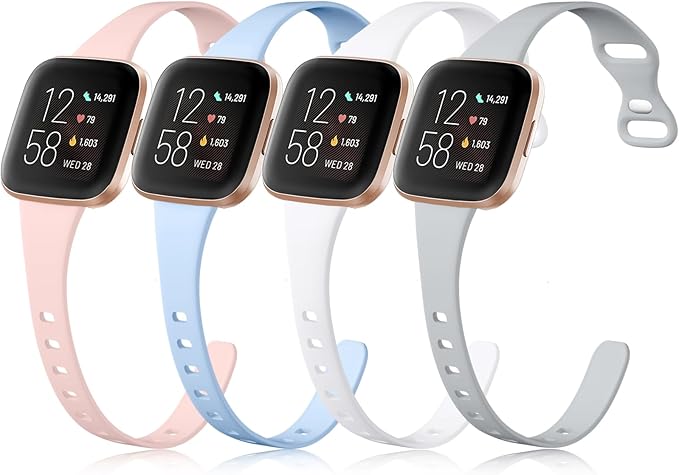 4 Pack Witzon Bands Compatible with Fitbit Versa 2/Lite/SE, Slim Thin Silicone Bands for Verson 2 Women Men, Sport Replacement Wristband Strap for Fitbit Smart Watch(Small, Lilac/White/Pink Sand/Gray)