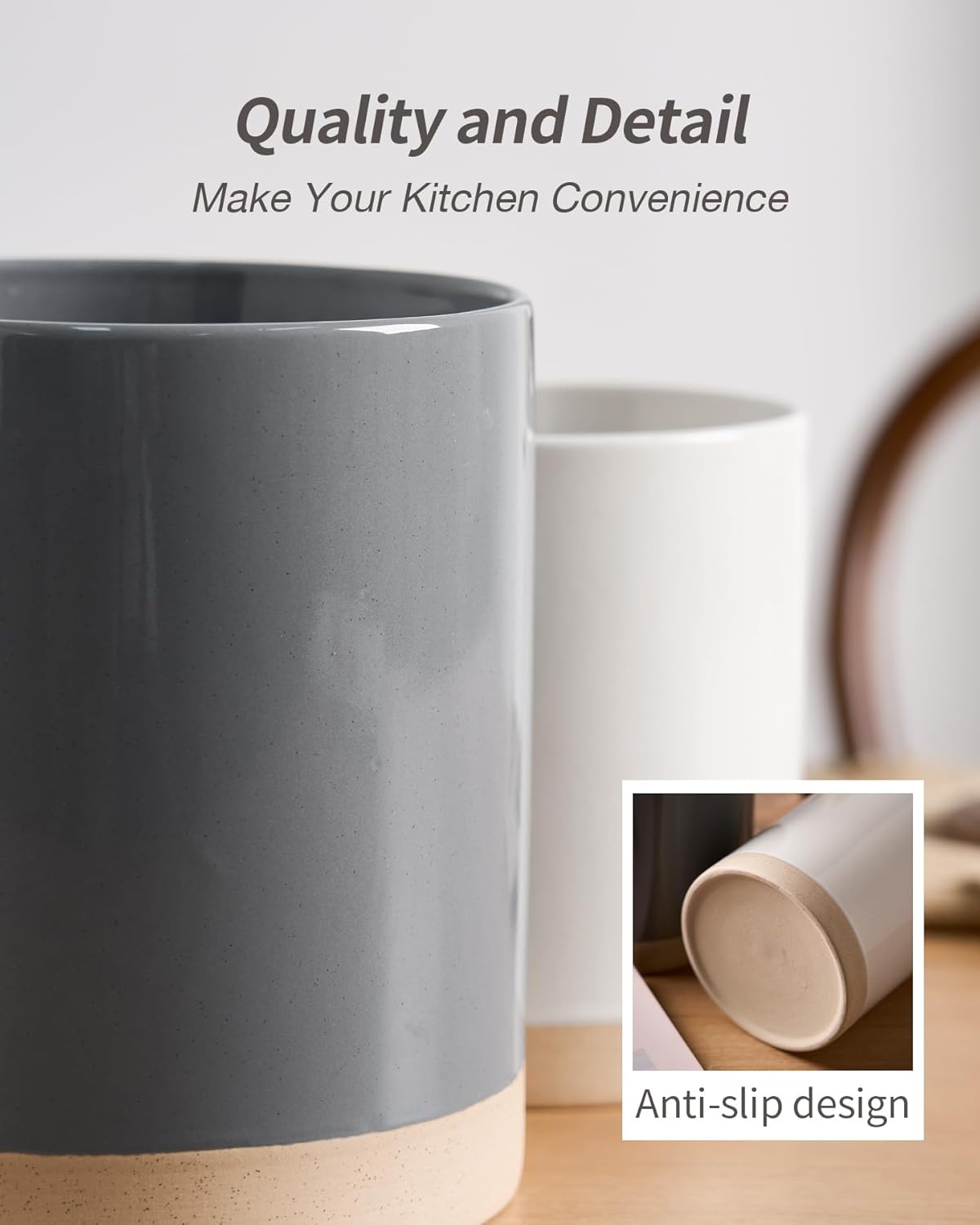 famiware Milkyway Kitchen Utensil Holder for Countertop, Ceramic Cooking Utensil Crocks for Kitchen Counter, Utensil Organizer for Spatula & Spoon, Set of 2, Dark Gray and White