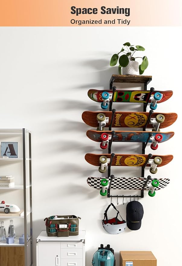 Koutemie Skateboard Rack Wall Mount with Five-Layer Skate Board Stand for Storage Longboard Deck Organizer, Skateboard Wall Display Hanger Holder with 6 Hooks for Home or Garage