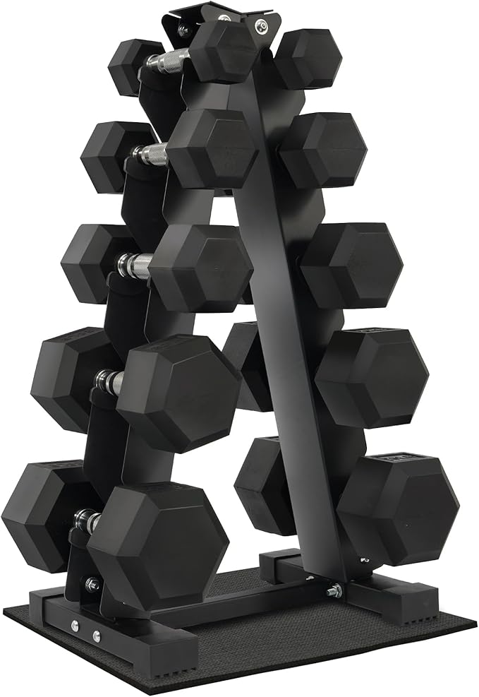 Rubber Coated Hex Dumbbell Weight Set and Storage Rack, 100LB Set or 150LB Set, 5-20 lbs Pairs or 5-25 lbs Pairs