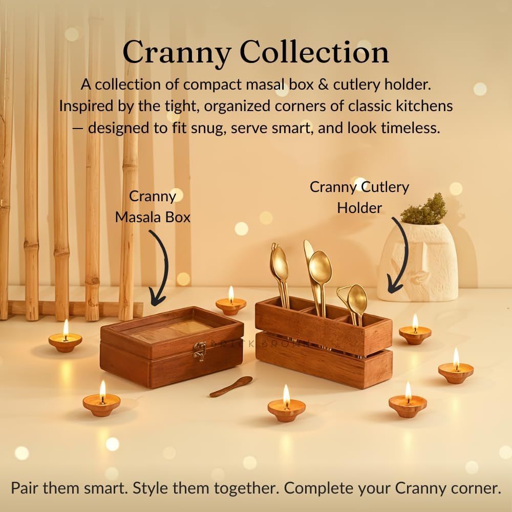 Brick Brown Premium Handcrafted 3-Partition Wooden Cutlery Holder Storage Spoon, Knife, Fork, Chopstick Caddy Self Organizer Stand for Home Kitchen Tableware Restaurant in Mahogany(9.1x3x3.9Inch)