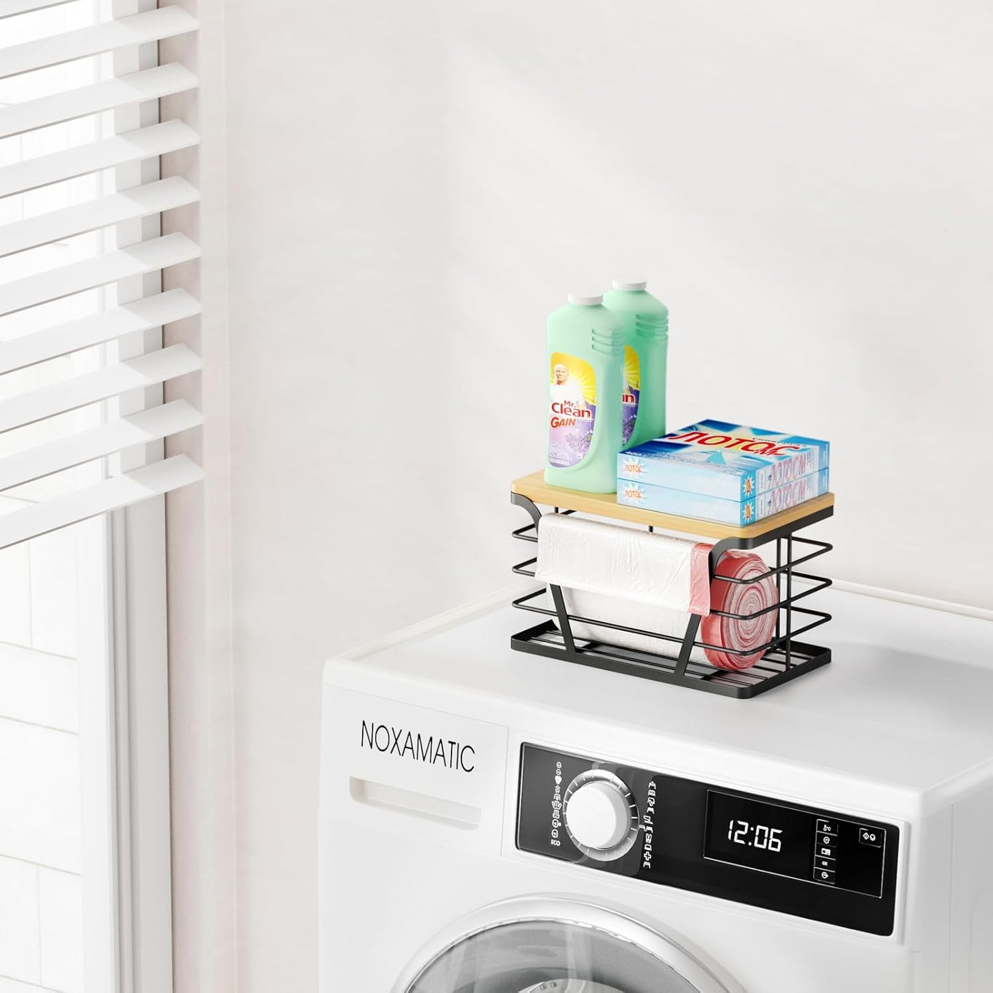 Small Grocery Bag Holder, Trash bag holder with Removable Bamboo Top, Wall Mount, No Drill, Stainless Steel, Black