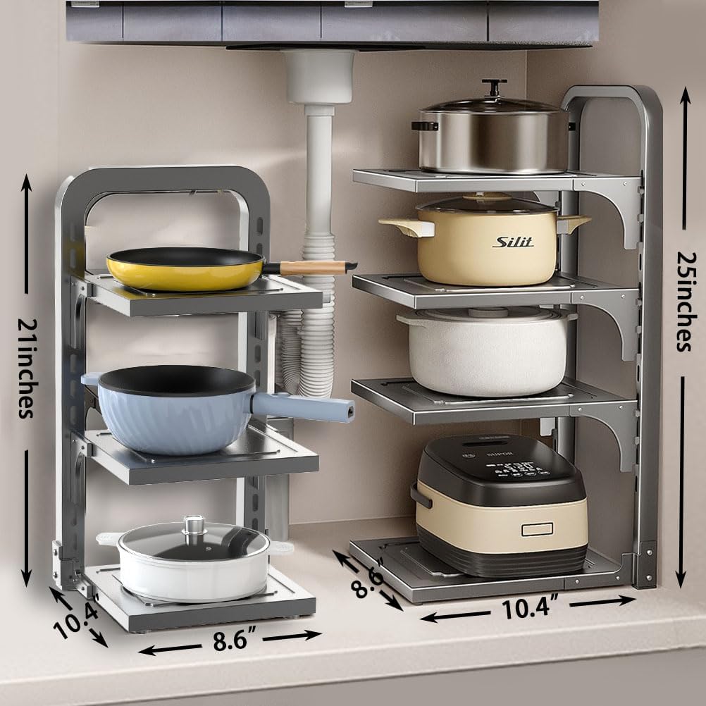 Pots and Pans Organizer Under Cabinet,3 Tier Adjustable Cabinet Pan Organizer Rack, 21''Heavy Duty Pot Rack,Pot lid organizer for Kitchen Pantry to Store Dutch Ovens,Cast-Iron Pans (3L-A)