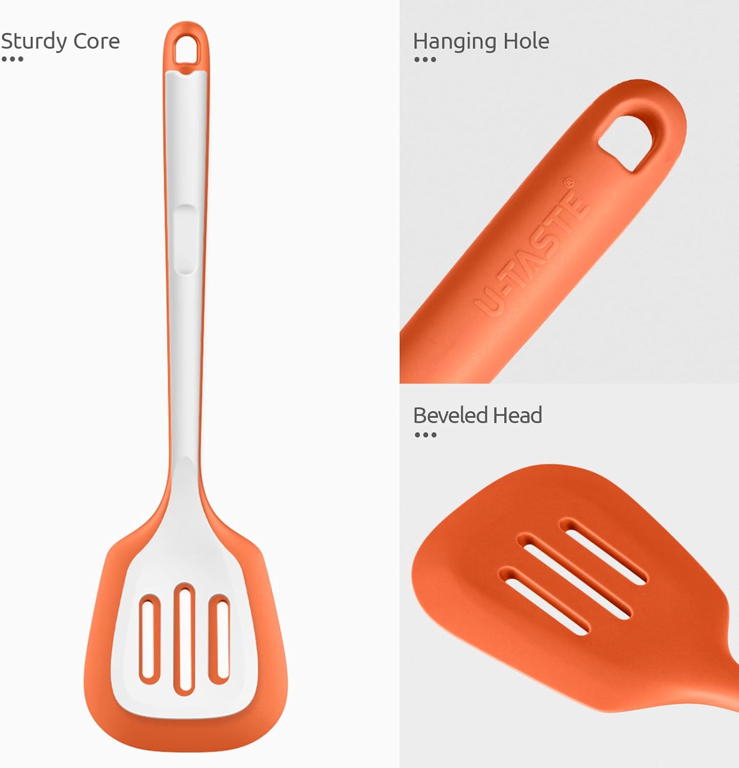 600ºF Heat Resistant Slotted Turner: U-Taste 13.6in Silicone Kitchen Spatula Flipper, 3.74in Wide Food Grade Flexible Thin Rubber Cooking Utensil for Egg, Pancake, Cookie in Nonstick Cookware (Orange)