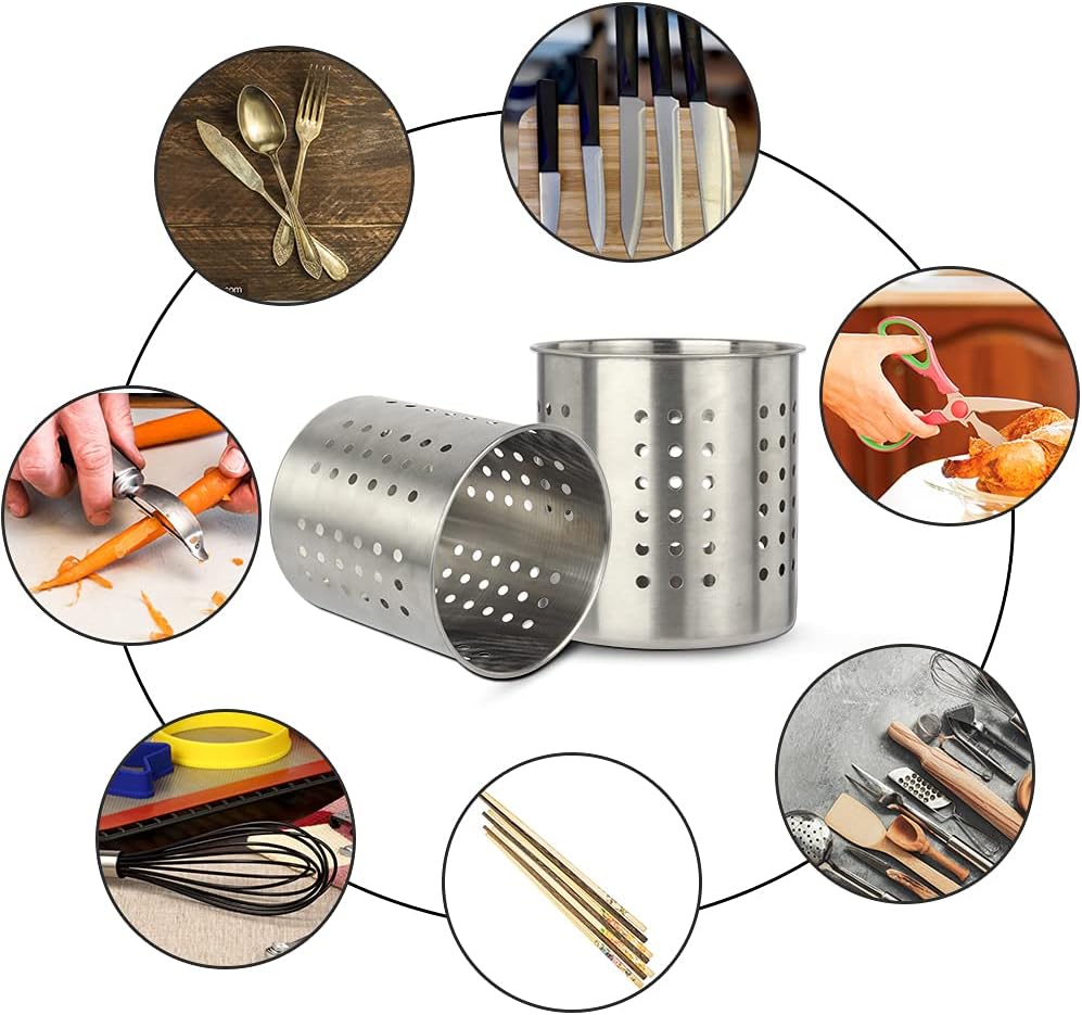 Stainless Steel Utensil Holder Kitchen Holder Restaurant Cooking Utensil Holder for Forks Spatula, 5.3'' x 5.1" Round Utensil Organizer