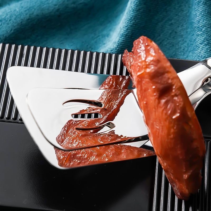 Kitchen Cooking Tongs 11.6 inch 304 Stainless Steel Grill Clamp Spatula for Flipping Bread Steak Fish Toast-Sliding Buckle Push Pull Design Barbecue Food Clip Black