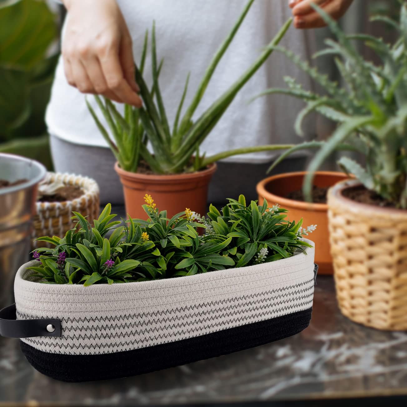 Cotton Rope Toilet Basket Bathroom Decor Baskets, Toilet Paper Holder Basket, Farmhouse Home Decor Organizing Small Baskets 13"x5.9"x4" Black