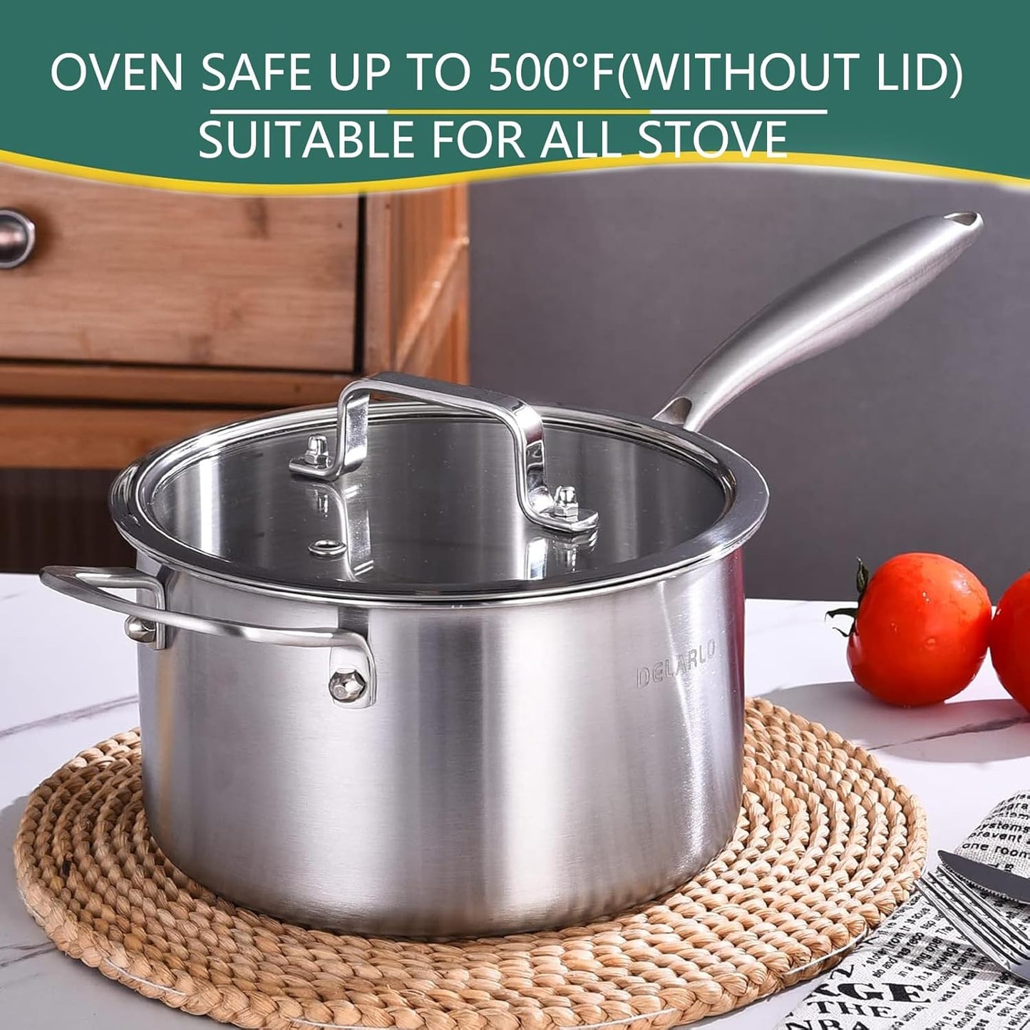 DELARLO Tri-Ply Stainless Steel Saucepan, 3.5 QT Saucepan with Lid, All Stove Compatible 600℉, Induction Sauce Pot, Heavy Duty Saucier, Dishwasher Safe Saucepan, Induction Pot 3.5 Quart, Even Heat