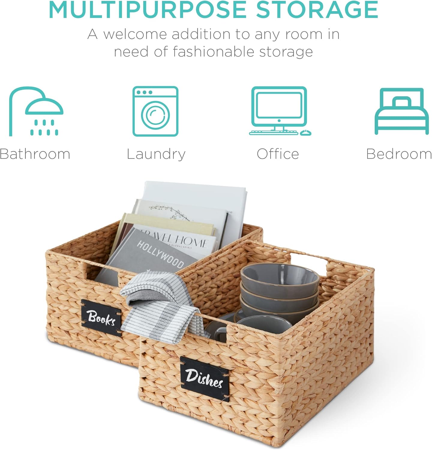 Best Choice Products Pantry Baskets Set of 2 16x12in Water Hyacinth Storage Baskets, Woven Wicker Organizers with handles w/Chalkboard Label Chalk Marker - Natural