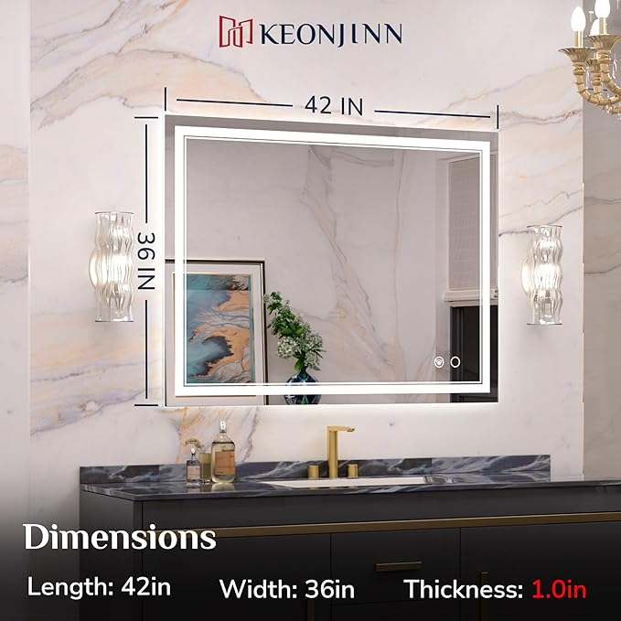 Keonjinn LED Bathroom Mirror with Lights 42 x 36 Inch, 90+ IP54(Horizontal/Vertical) IP54(Horizontal/Vertical)