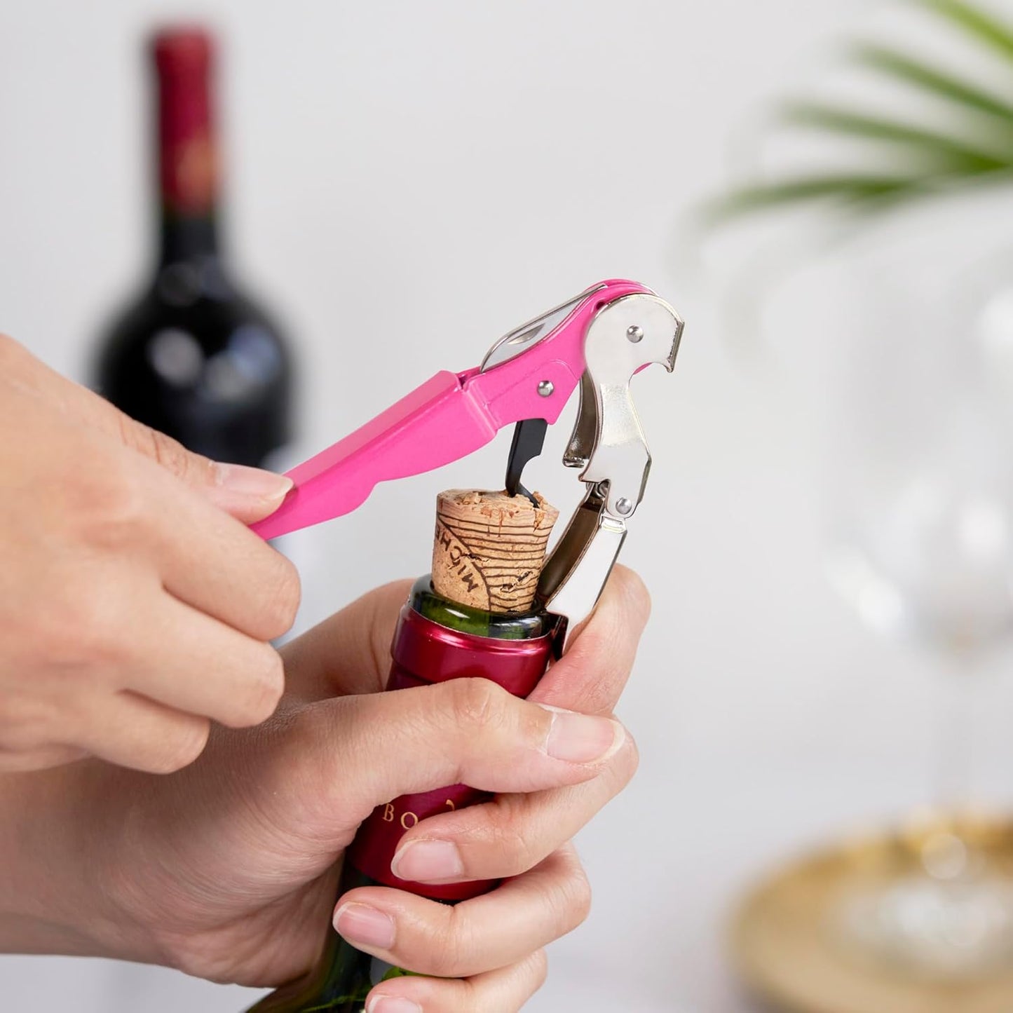True Brands TrueTap Double Hinged Waiters Corkscrew, Top-notch Stainless Steel Opener with Foil Cutter Built to Last Wine Key Pink, Set of 1