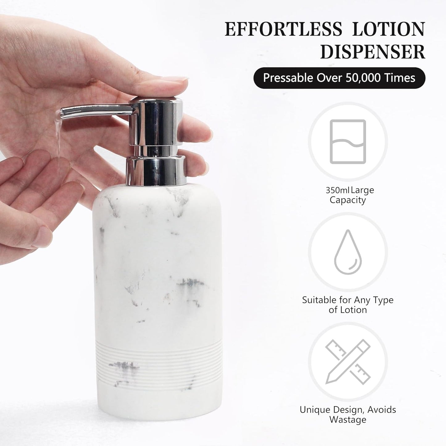 Resin Soap Dispenser Sets, 2 Pcs Heavy Lotion Dispensers,10.8oz Refillable Liquid Soap Dispensers with Rust-Proof Pump for Bathroom Countertop or Kitchen, Artificial Marble White