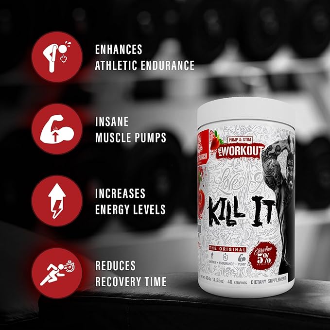 5% Nutrition Rich Piana Kill It Pre Workout Powder w/Creatine, Caffeine, Beta Alanine, Hydroprime Glycerol for Pump, Strength, Endurance | 14.11 oz, 40 Srvgs (Mango Pineapple)