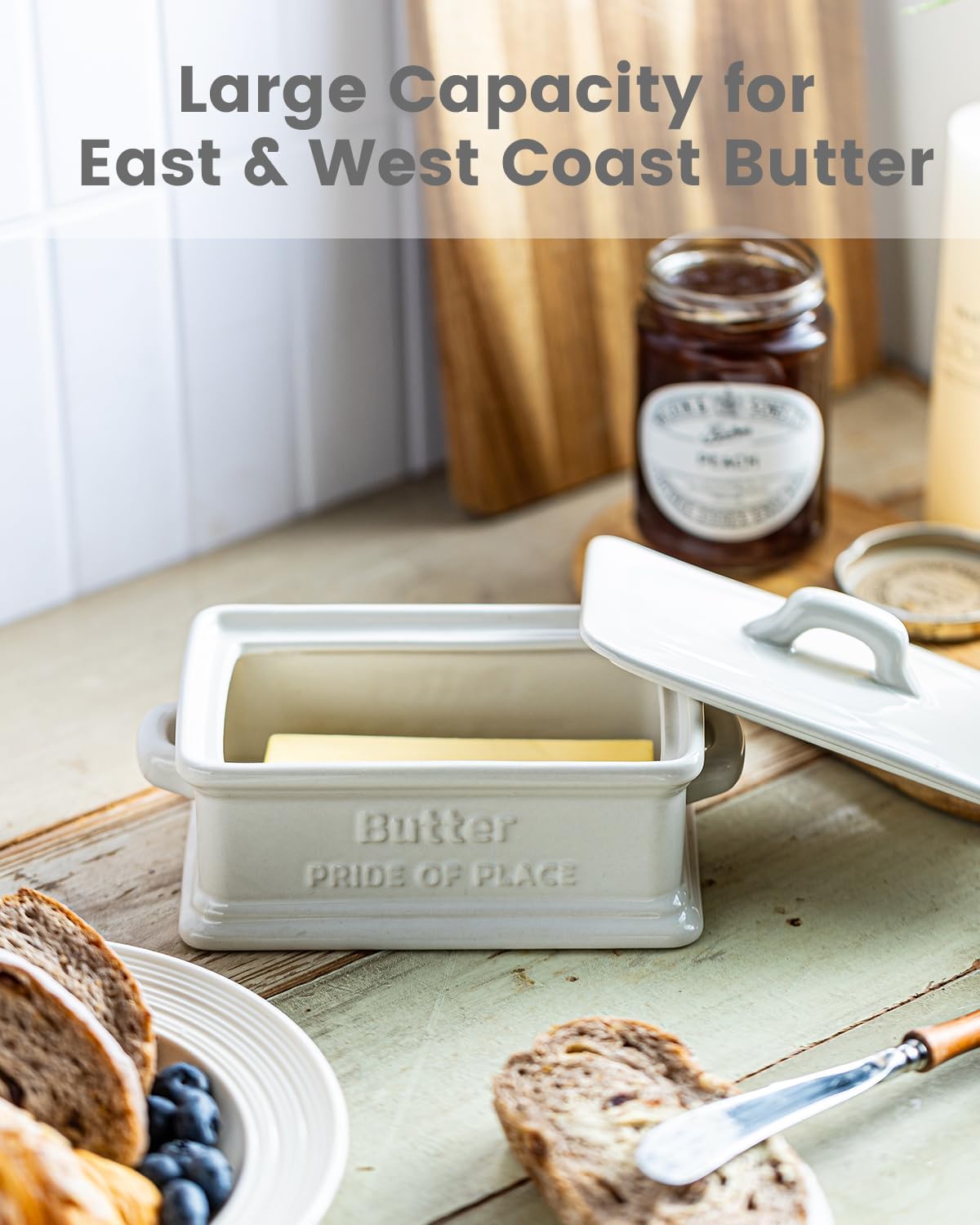 Butter Dish with Lid, Ceramic Butter Dish for Countertop Butter Holder Container Large Butter Keeper for East West Coast Butter, White