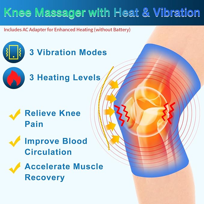 Knee Massager with Heat & Vibration, Heated Knee Brace for Knee Pain Relief, Heating Pad for Leg Pain, Leg Massager, 3 Vibration Modes 3 Heat Levels, AC Adapter Heating Faster (No Battery)