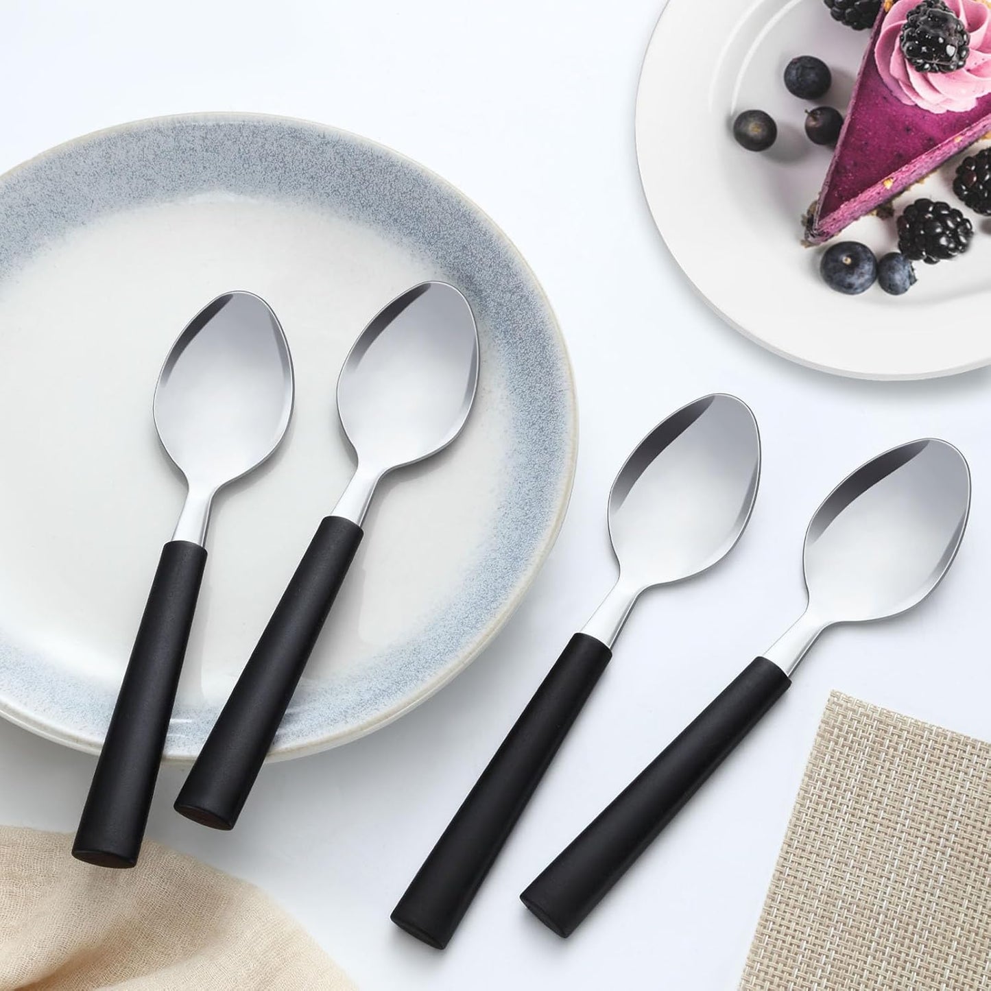 Pleafind 36Pcs Dessert Spoons Set (7.4 inches), Stainless Steel Mirror Polished Spoon with Black Frosted Handle, Spoons Silverware for Home, Kitchen, Restaurant, Dishwasher Safe