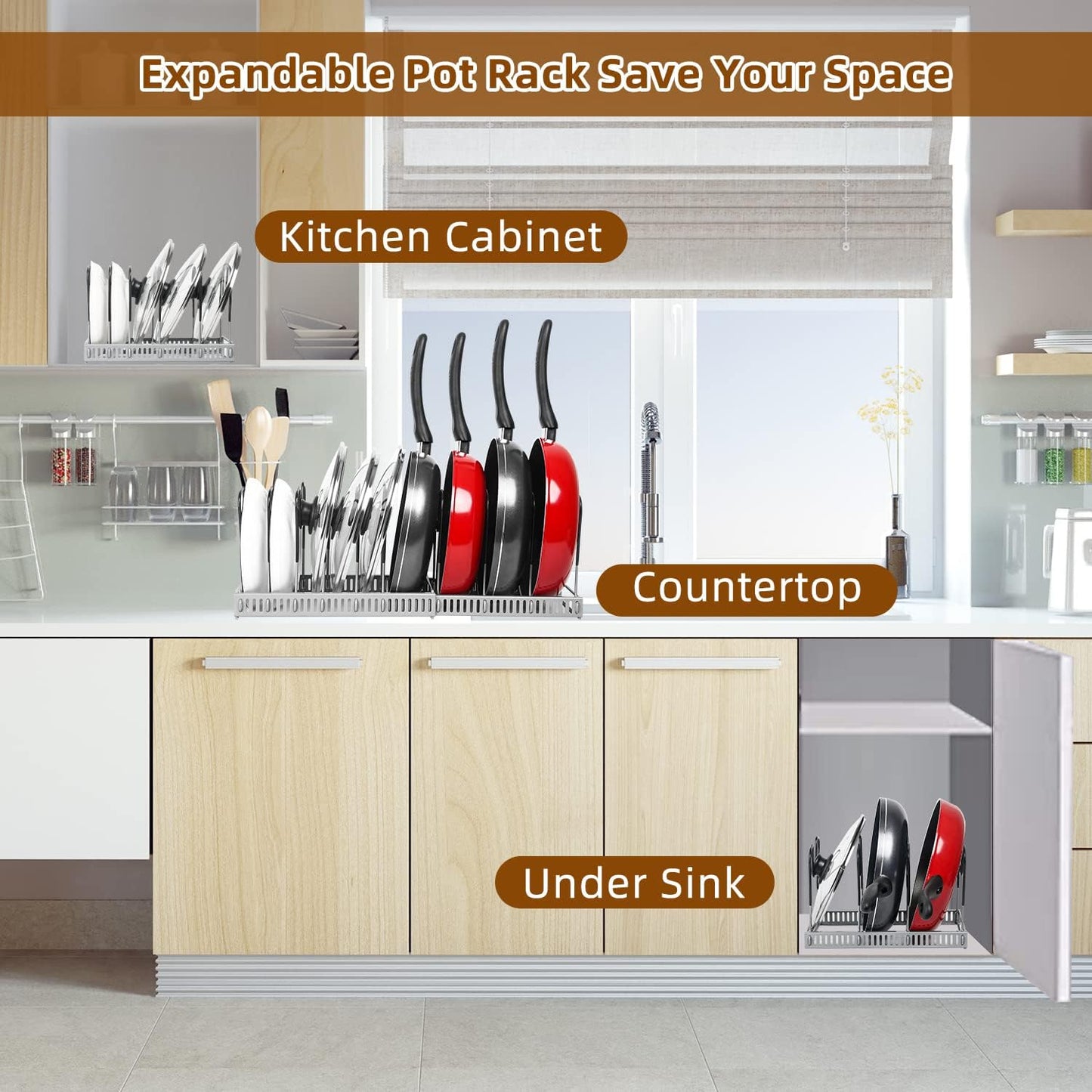 Expandable Pot & Pan Organizer - Grey Cabinet Rack with 10 Adjustable Compartments for Cookware, Baking & Frying Pans