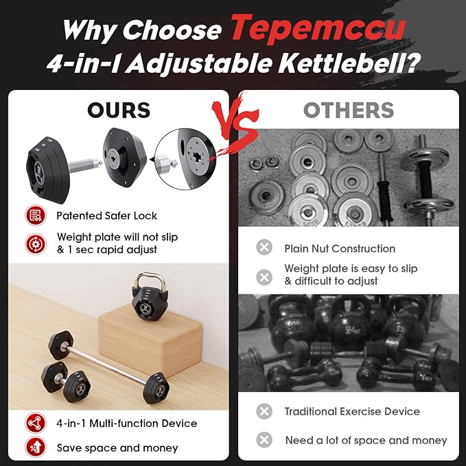 Tepemccu 4-in-1 Adjustable Kettlebell, 5.88-45lbs Kettlebells Weight Set, Free Weight Kettlebell Used as Dumbbell, Barbell for Home Gym Full Body Workout