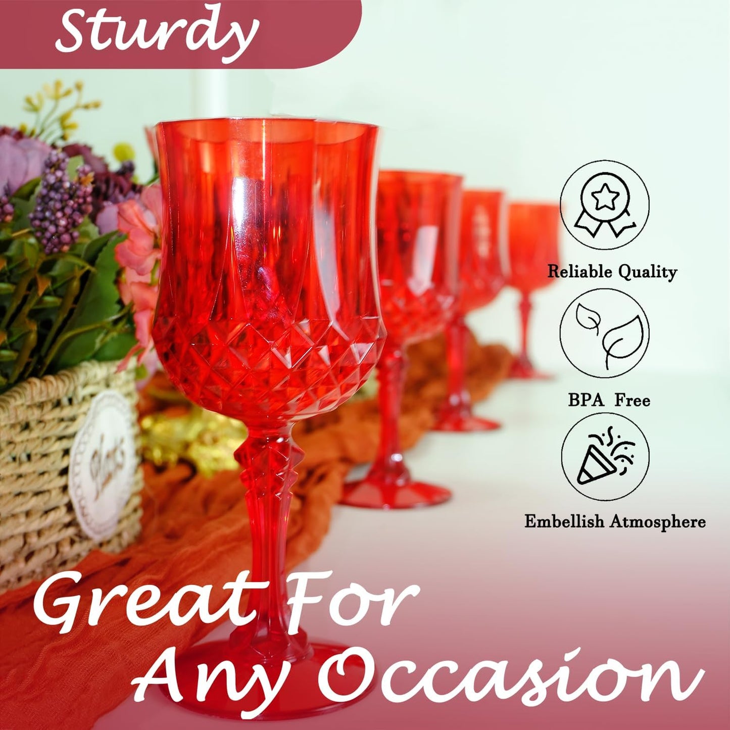 Plastic Wine Glasses,Plastic Goblets Vintage Style Cordial Drinking Glasses for Wedding Reception, Grand Event Party Supplies (24, Red)