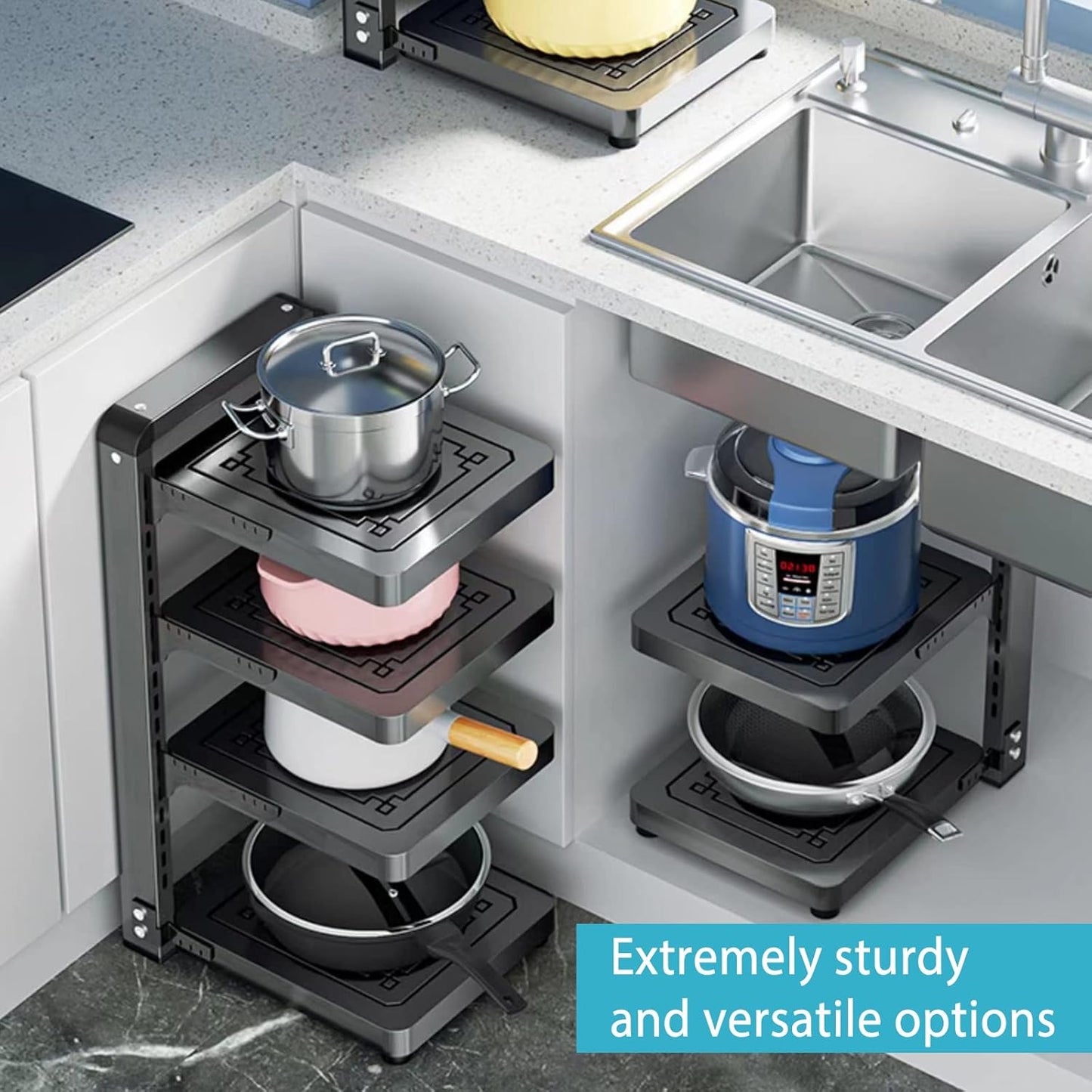 Pot and Pan Organizer Rack for under Cabinet, Heavy Duty Pot Pan Rack under Sink Organizers and Storage, Pot lid organizer, Kitchen Cabinet Organizer with 4 Adjustable Tiers