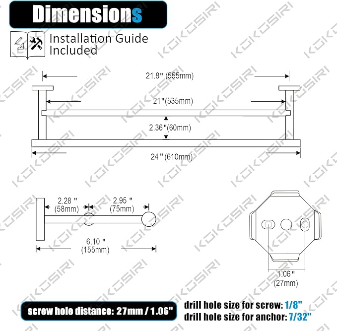 KOKOSIRI Towel Rails Bathroom Double Towel Bars Matte 20 Inch 2-Piece for 2 Pack B5005BK-L24-P2