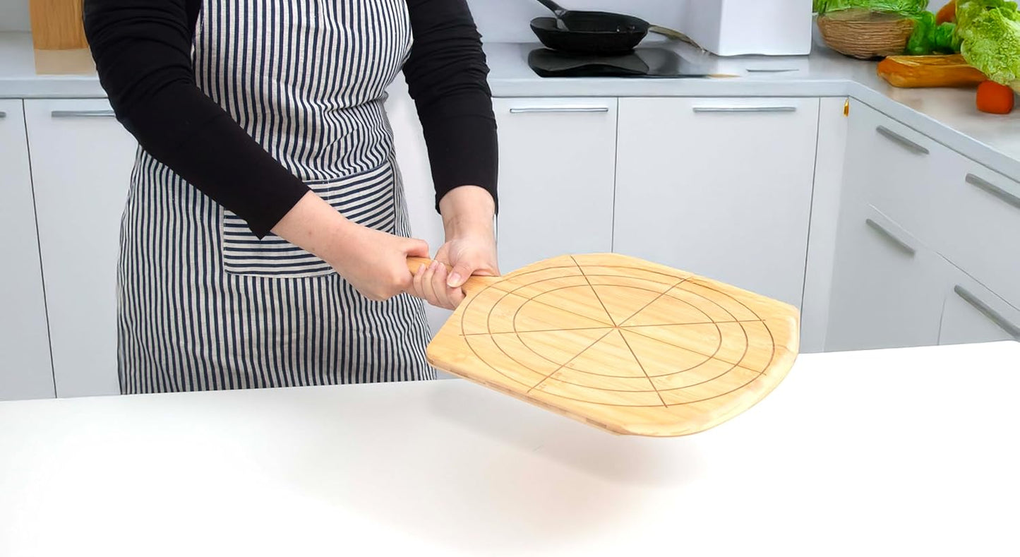 Loftern Wooden Pizza Peel 12 Inch Board with Engraved Sizes - Multi-Purpose Bamboo Pizza Cutting Board, Wood Pizza Peel, Pizza Spatula Paddle, and Serving Board with Size and Cutting Guide