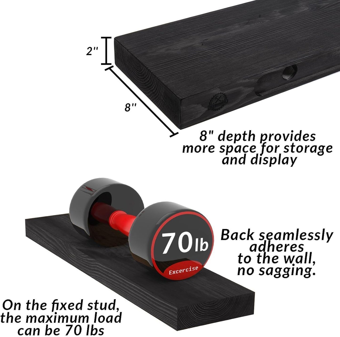 60 inch Black Floating Shelves for Wall 8 -inch deep Set of 2, Heavy Duty Solid Wood Wall Mounted Shelves for Living Room Kitchen with Thickened Hidden Bracket