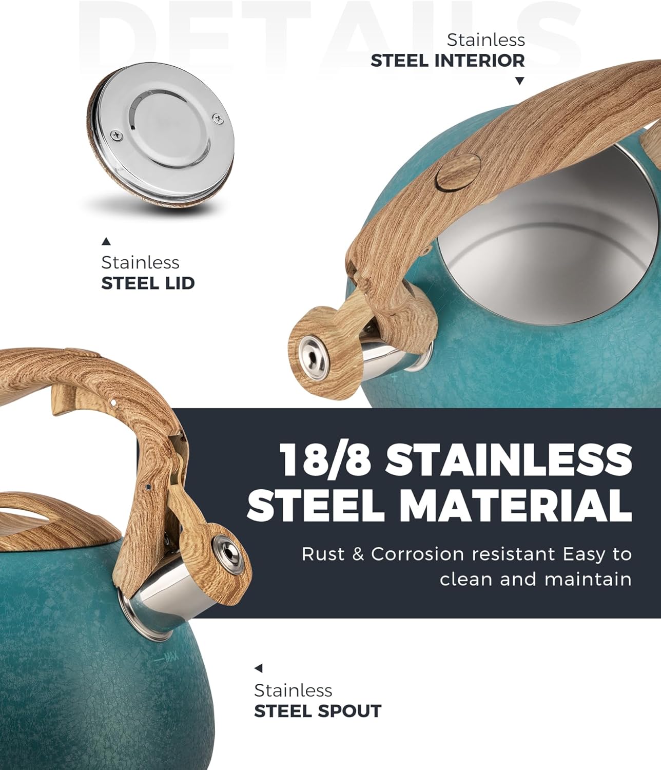 POLIVIAR Tea Kettle, 2.7 Quart Stovetop Tea Kettle, Audible Whistling Teapot with Crackle Finish, Food Grade Stainless Steel for Anti-Rust, Anti Hot Handle, Suitable for All Heat Sources (JX2023-LYD)