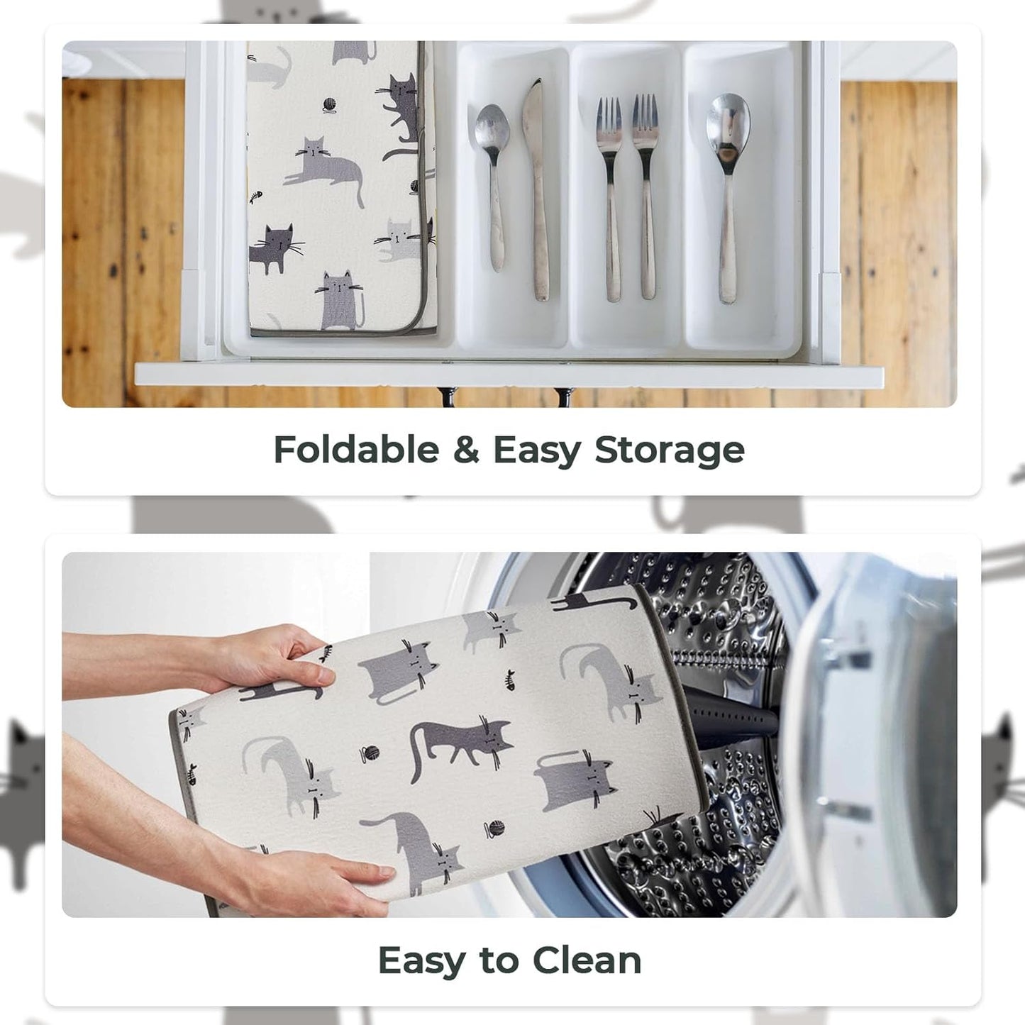 FRESHMINT Printed Dish Drying Mat Set for Kitchen Counter Absorbent Reversible Drying Mats Microfiber Kitchen Countertop Protector Dishes Pad 2 Pack Large Dish Drainer Rack Mat, 18" x 16"