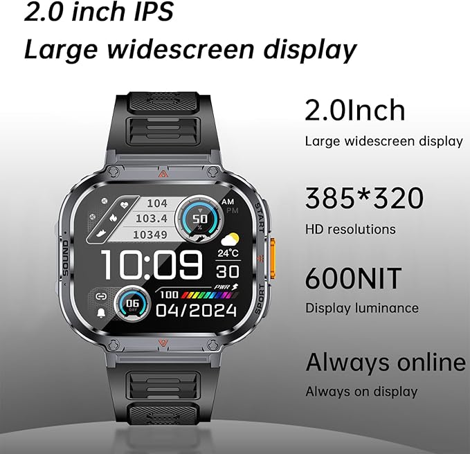 Loluka Big Screen Smart Watch for Men, 2.0'' HD Military Smartwatch with LED Flashlight 5ATM Waterproof Rugged Tactical Fitness Tracker (Answer/Make Calls)