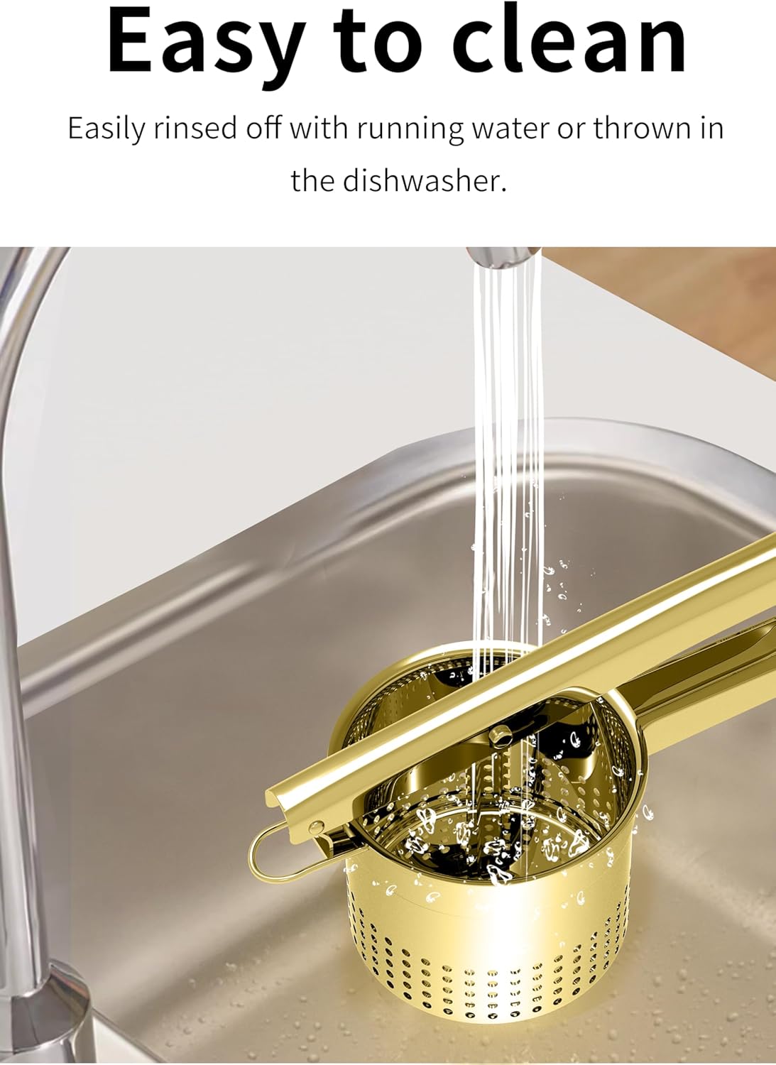 Large 15oz Potato Ricer Masher, Heavy Duty Stainless Steel Potato Masher with Ergonomic Handle, Masher and Ricer Kitchen Tool for Mashed Potatoes, Noodle Maker, Gold