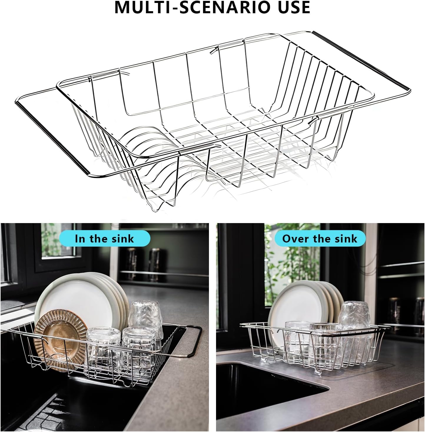Over The Sink Dish Drainer Drying Rack - Expandable Stainless Steel in Sink Dish Drying Rack, High-Capacity, Rustproof, Easy Install, with Utensil Holder - Dish Racks for Kitchen Counter