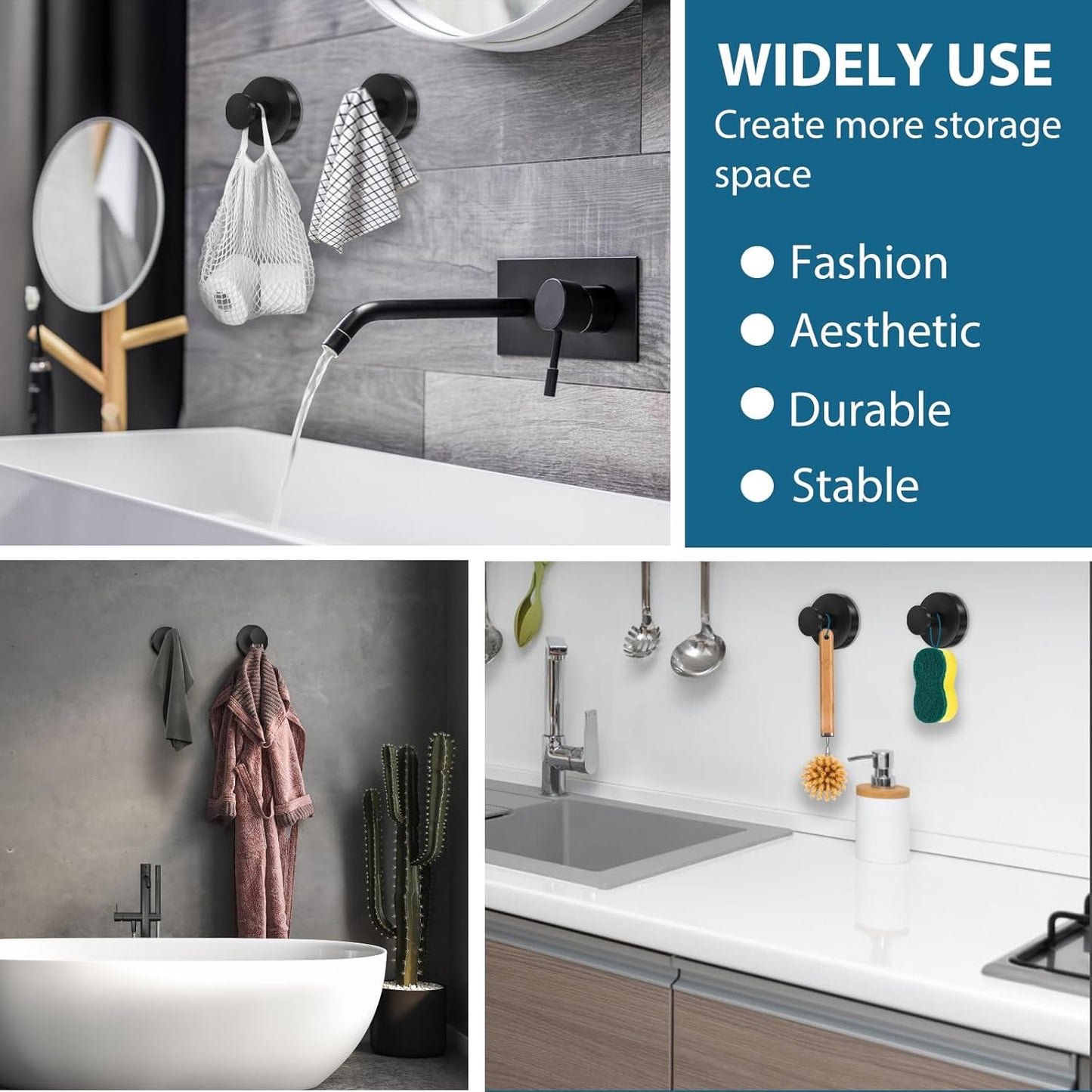 Suction Cup Hooks for Shower, 2 PCS No-Drill Towel Holder for Bathrooms Wall, Glass Door, Mirror, Tiles, Kitchen, Hold Robe & Wreath, Hanging up to 15 lbs – Waterproof & Rustproof, Matte-Black