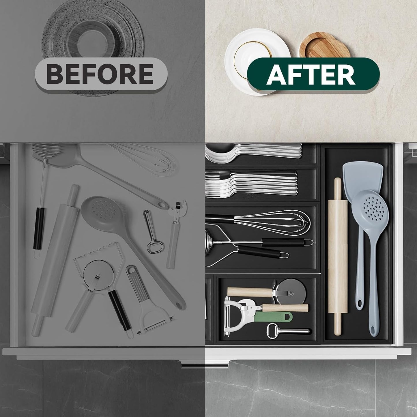 Bamboo Kitchen Drawer Organizer - Set of 2, Stackable Utensil Organizers, Wooden Storage Box Tray for Cabinet, Pantry, Bathroom Countertop, Multi-use Organization and Storage (Black)