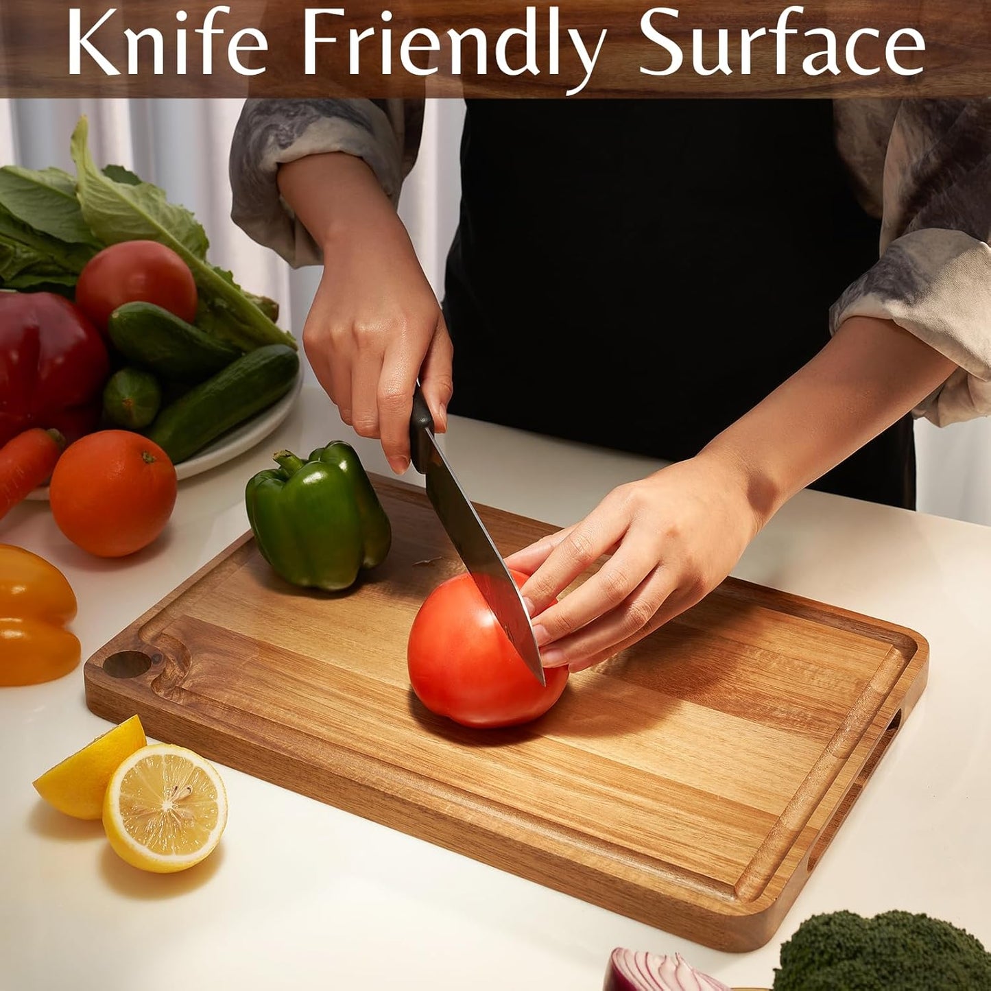 Acacia Wood Cutting Board (12x8x0.8 In.) - Small Wooden Boards with Handle and Juice Groove for Kitchen, Solid Mini Real Hardwood Hanging Chopping Boardsmith Butcher Block for BBQ