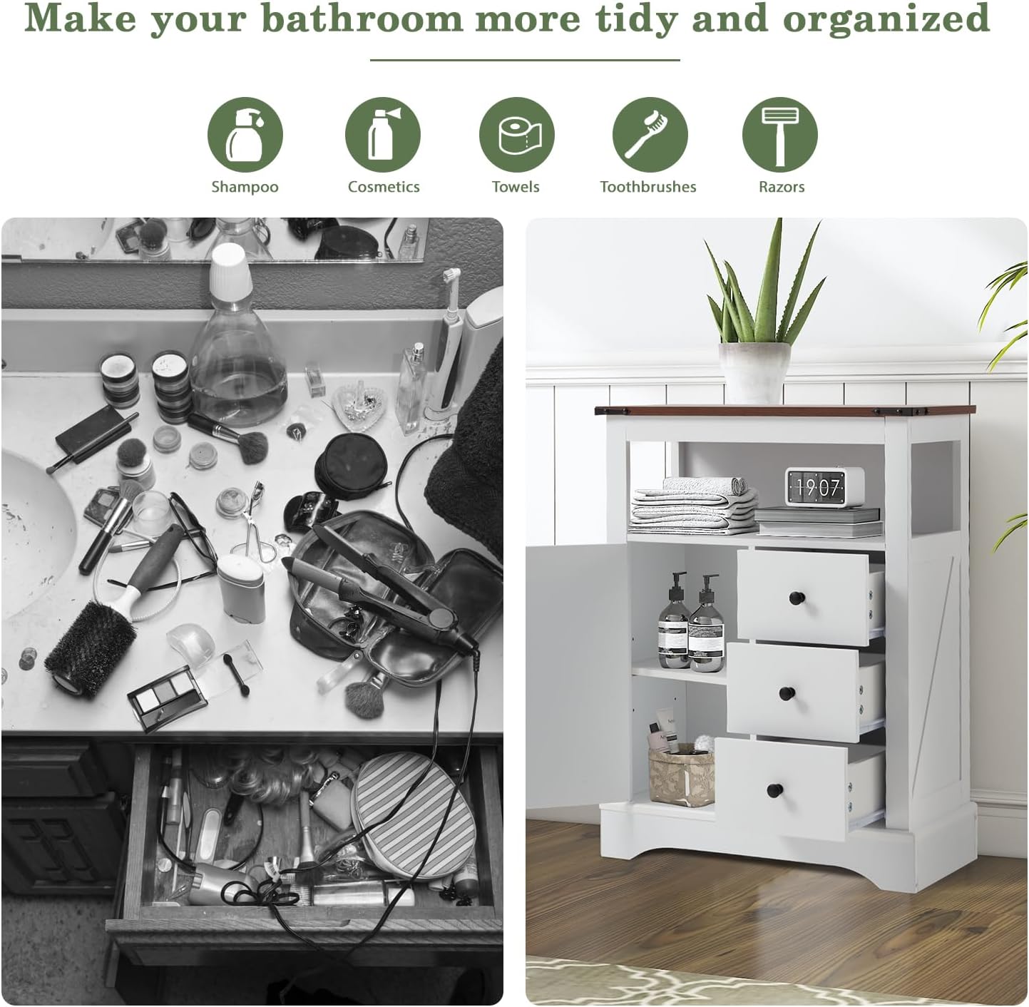 JOMEED Bathroom Floor Cabinet, Farmhouse Storage Cabinet with 3 Drawers & Adjustable Shelves, Free-Standing Cupboard for Kitchen, Living Room, Bathroom, White