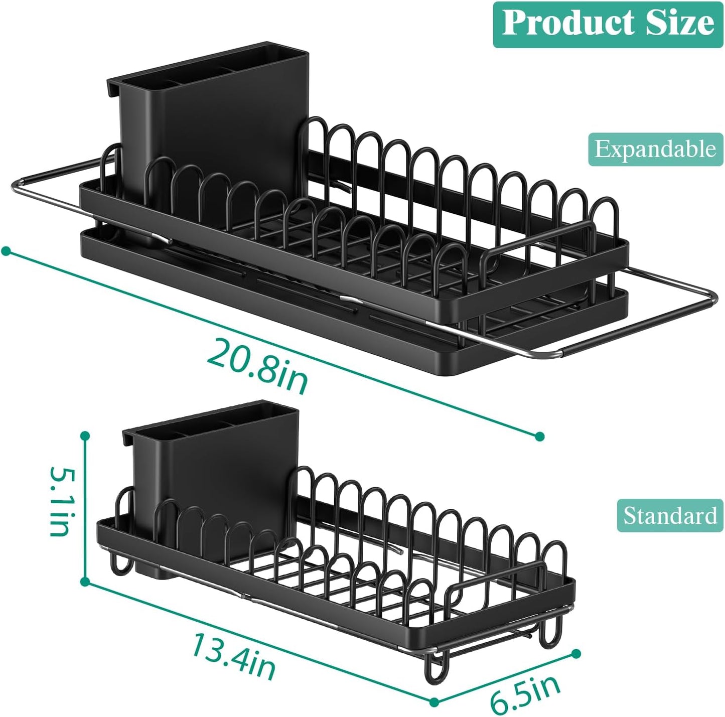 Giwil Small Sink Drying Rack, Compact Dish Rack with Silicone Mat for Kitchen Counter, Expandable Rustproof Dish Drying Rack Used Over Sink, in Sink & on Countertop, Black