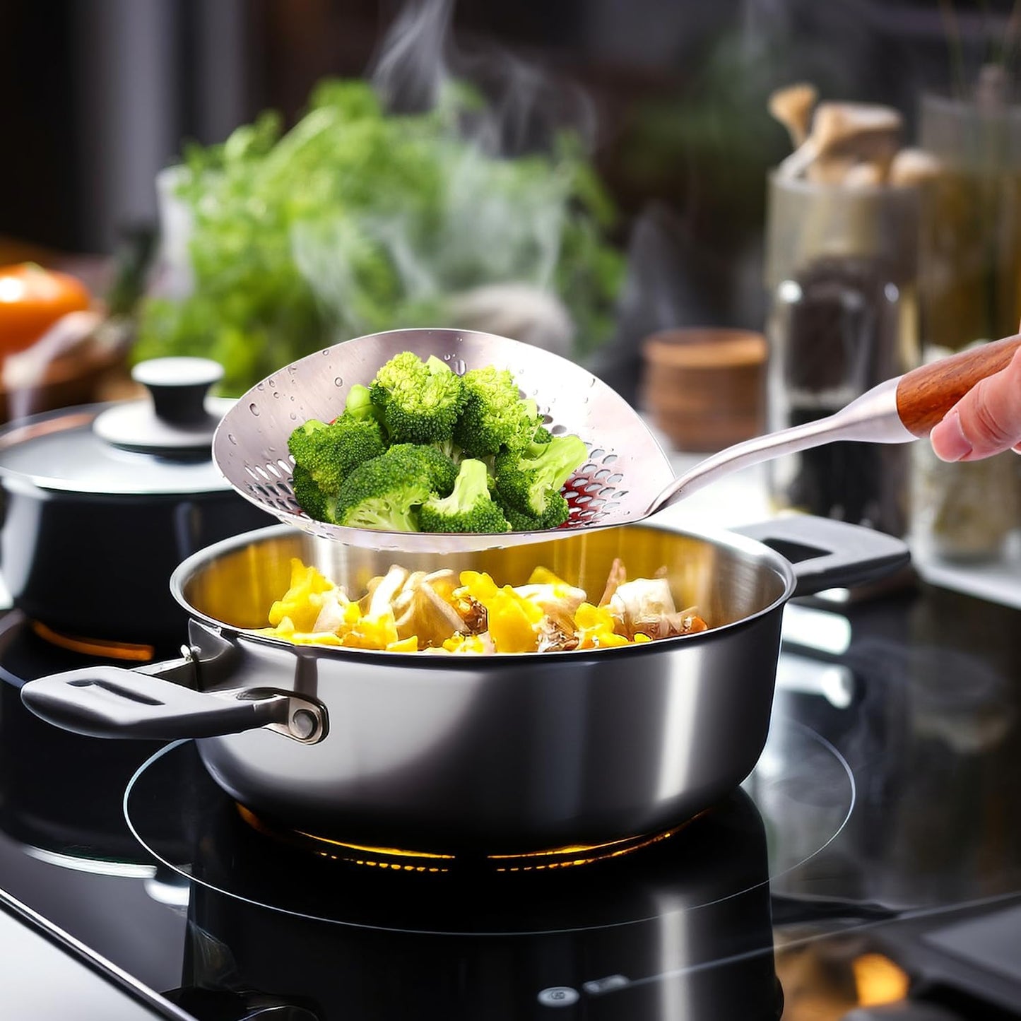 Large Slotted Spoon with Long Wooden Handle - Lyveit 16 Inch Deep Frying Scoop with Hanging Holes, 304 Stainless Steel Fryer Skimmer Spoons for Kitchen Cooking Frying Draining