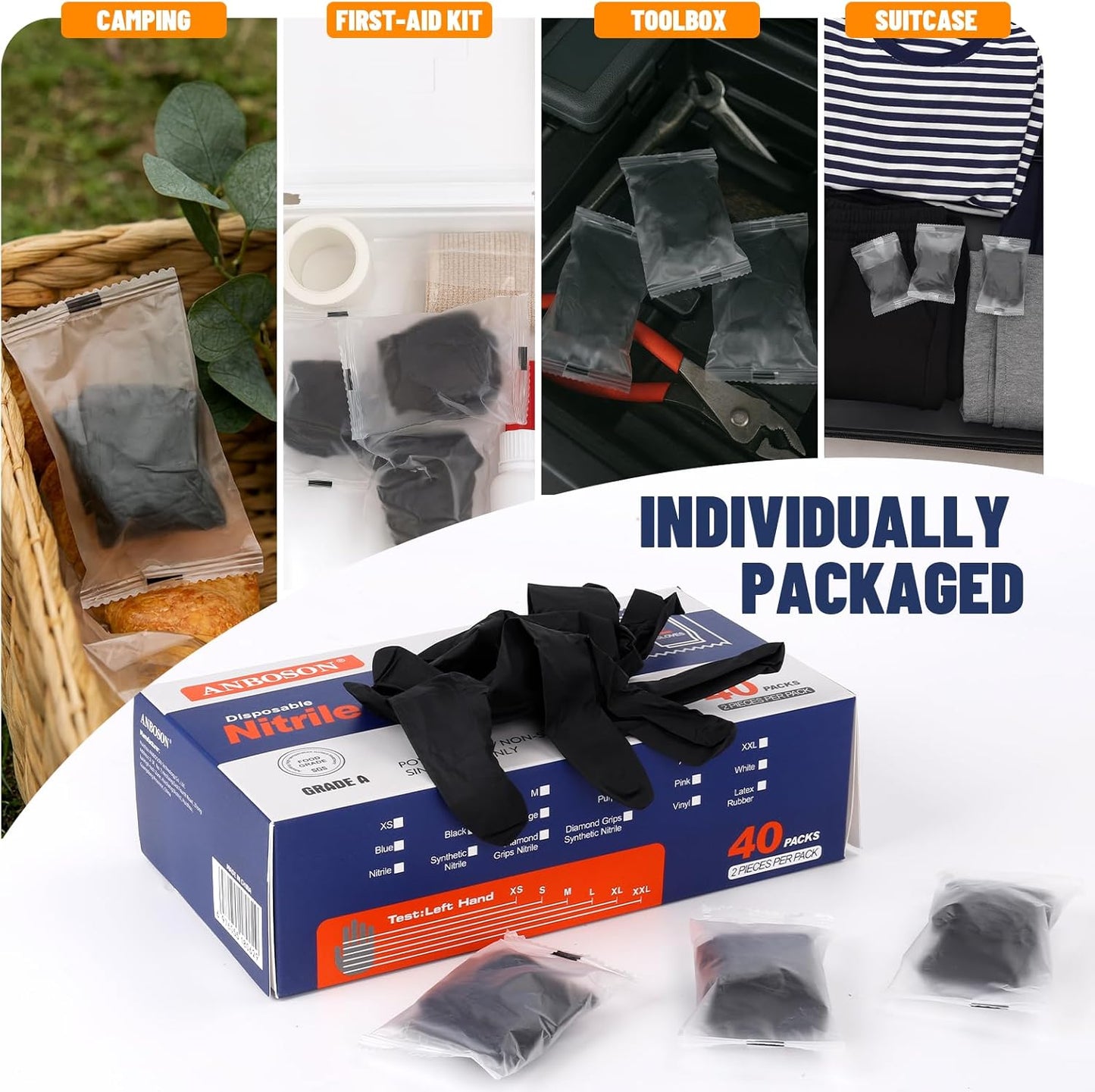 Individually Wrapped Nitrile Gloves 5mil, 40 Pairs (80 Count), Disposable Gloves, Latex Free, Powder Free, Easy to Carry for Travel, Work, Food Handling, Cleaning, Automotive, Daily Protection Small