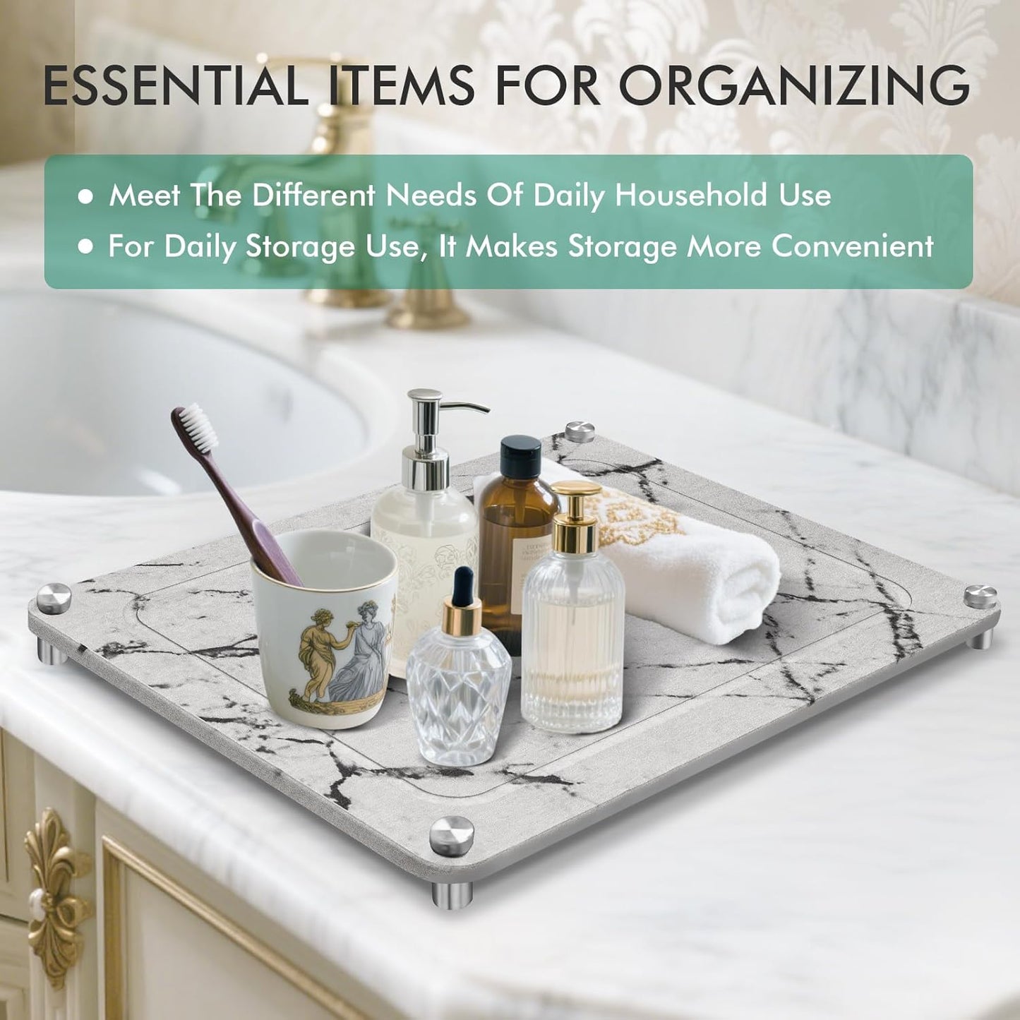 Stone Drying Mat For Kitchen Counter Superb Absorbent Diatomaceous Earth Mats with Non-Slip Feet Quick Dry Stone Dish Drying Pad Dish Pad Multi-Purpose(Marble-LightGray, 15.7" x 11.8")