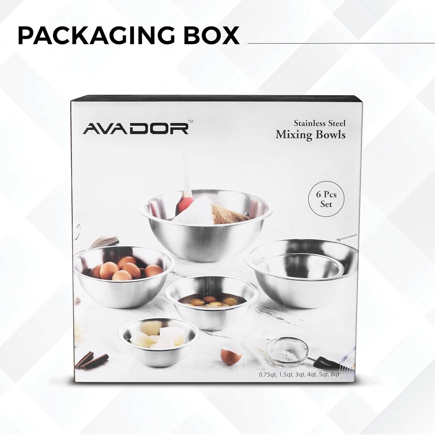 AVADOR Set of 6 Premium Stainless Steel Mixing Bowls Set, Easy To Clean, Space Saving Nestable Design, Great for Cooking, Baking, Prepping (0.75qt, 1.5qt, 3qt, 4qt, 5qt, 8qt)