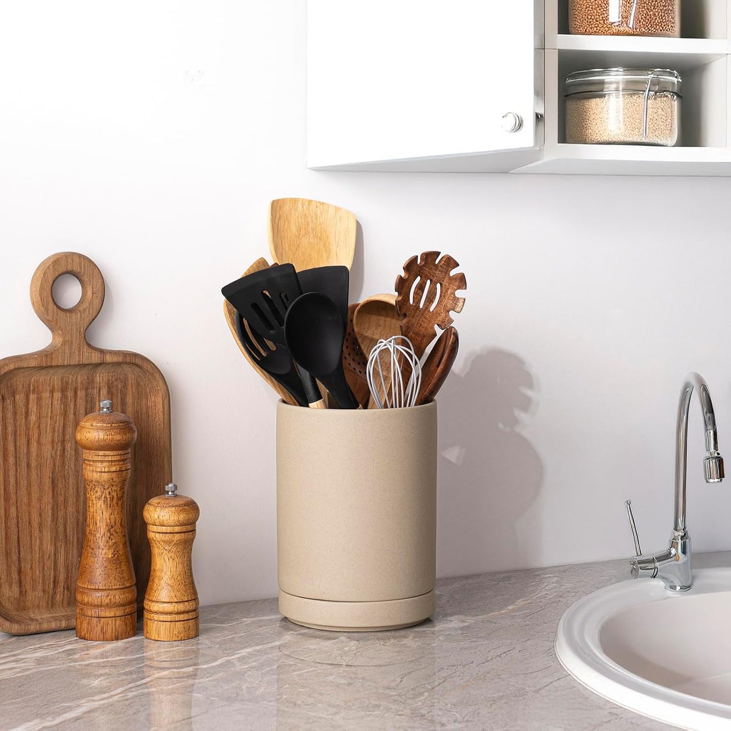 Utensil Holder, 7.3" Ceramic 2-in-1 Utensil Holder Set with Base for Countertop, Cooking Utensil Crocks for Kitchen Counter, Organizer for Spatulas & Spoons, Farmhouse Decor, Pottery Clay