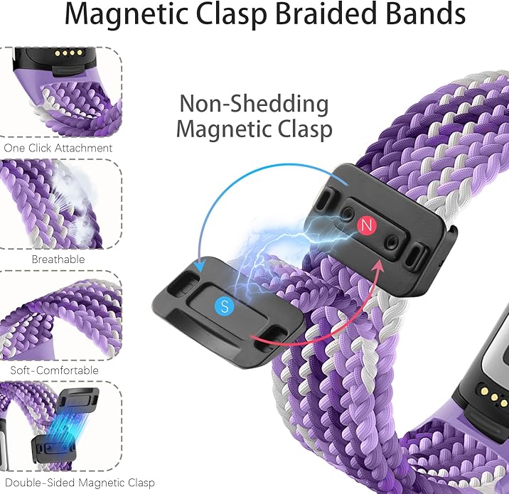 Magnetic Braided Nylon Compatible with Fitbit Charge 6 Bands/Fitbit Charge 5 Bands for Women Men, Soft Sport Stretchy Breathable Strap Replacement Wristband for Charge 6/Charge 5