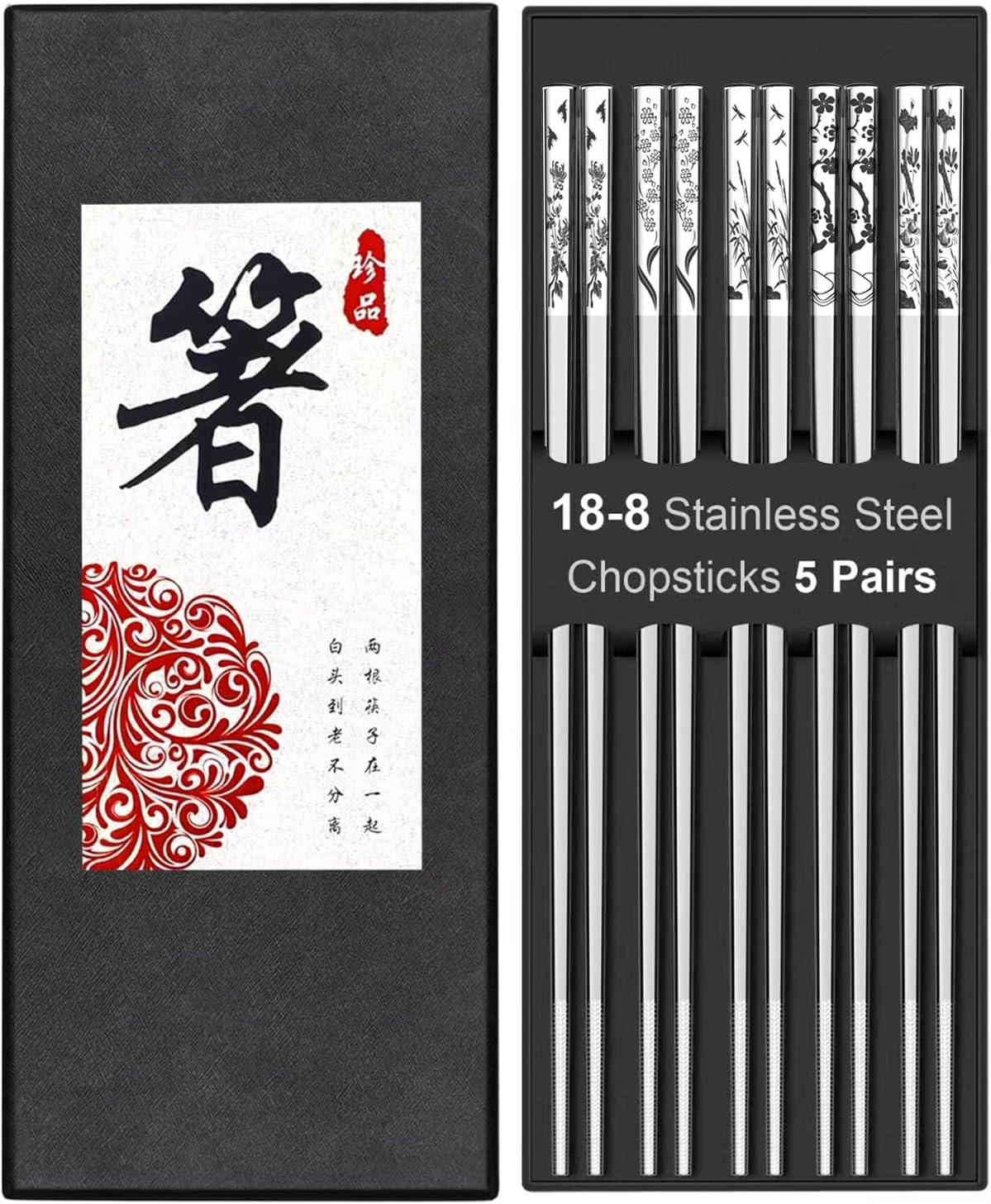 Metal Chopsticks Reusable 18/8 stainless steel Chopsticks 5 Pairs Classical Oriental Floral Dishwasher Safe Lightweight Non-Slip Chop Sticks 9 1/4 Inches Present Set