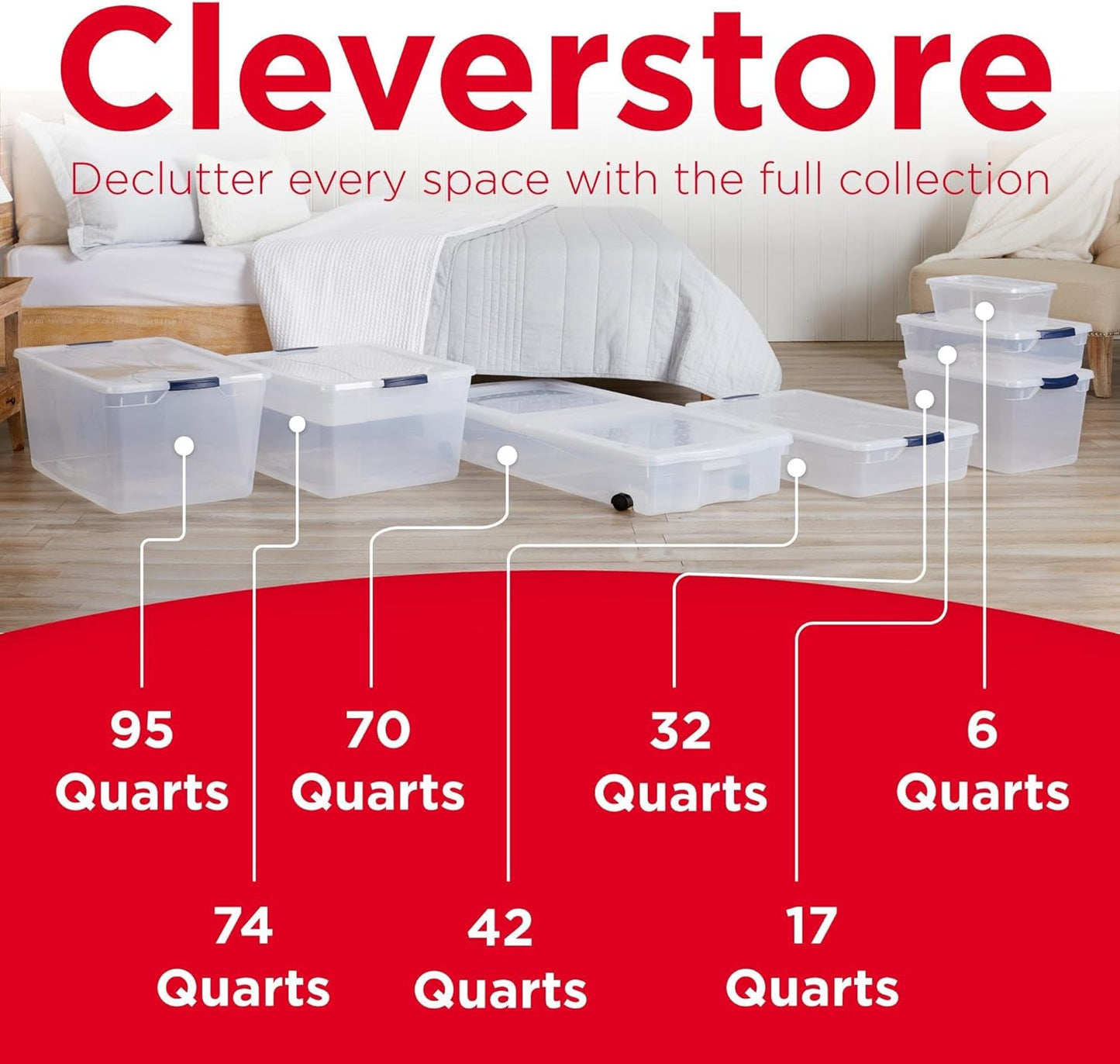 Rubbermaid Cleverstore Clear 32 Qt, 6 Pack Stackable Plastic Storage Containers with Durable Latching Clear Lids, Visible Storage, Great for Closet and Laundry Storage, Organizing in the Home