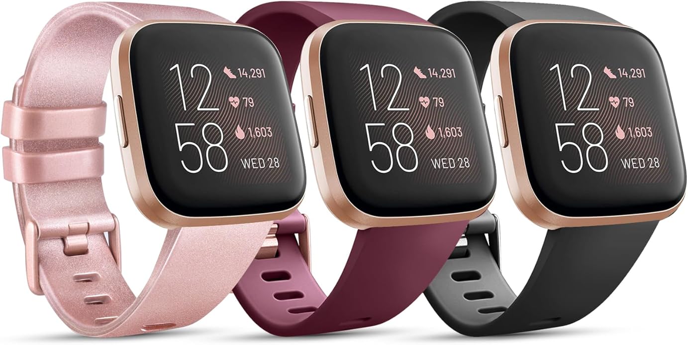 3 Pack Sport Bands Compatible with Fitbit Versa Bands, Classic Soft Sport Replacement Wristbands for Fitbit Versa 2 Smart Watch Women Men