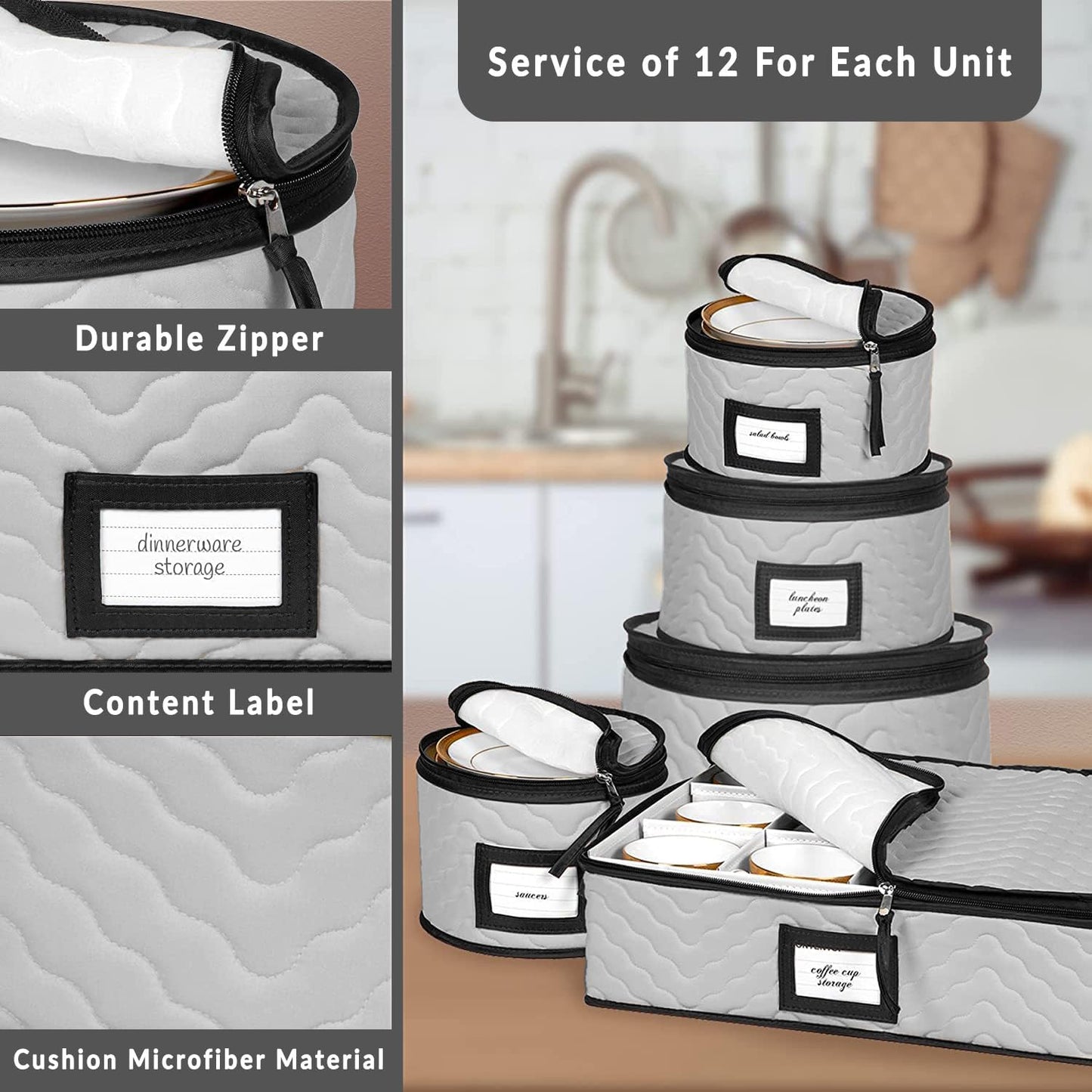 China Storage Containers 5-Piece Set Moving Boxes for Dinnerware, Glasses, Plates, Mugs and Saucers Sturdy Quilted Microfiber Dish Organizer with Dividers for Seasonal Storage - Gray